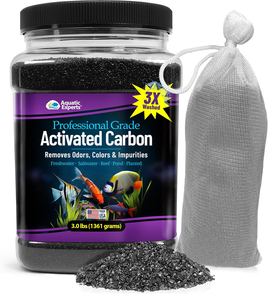 Aquatic Experts premium activated carbon aquarium filter media front view container