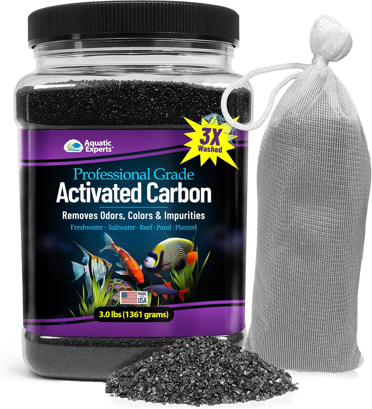 Aquatic Experts premium activated carbon aquarium filter media front view container