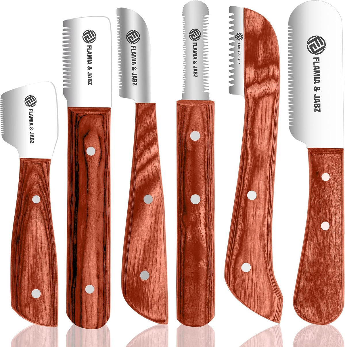 FLAMIA & JABZ FJ Professional Stripping Knife kit (6 pieces set) for Dogs & Pets, Wooden Handle Grip with Stainless Steel Blade (Right handed) (Blue) - Image 14