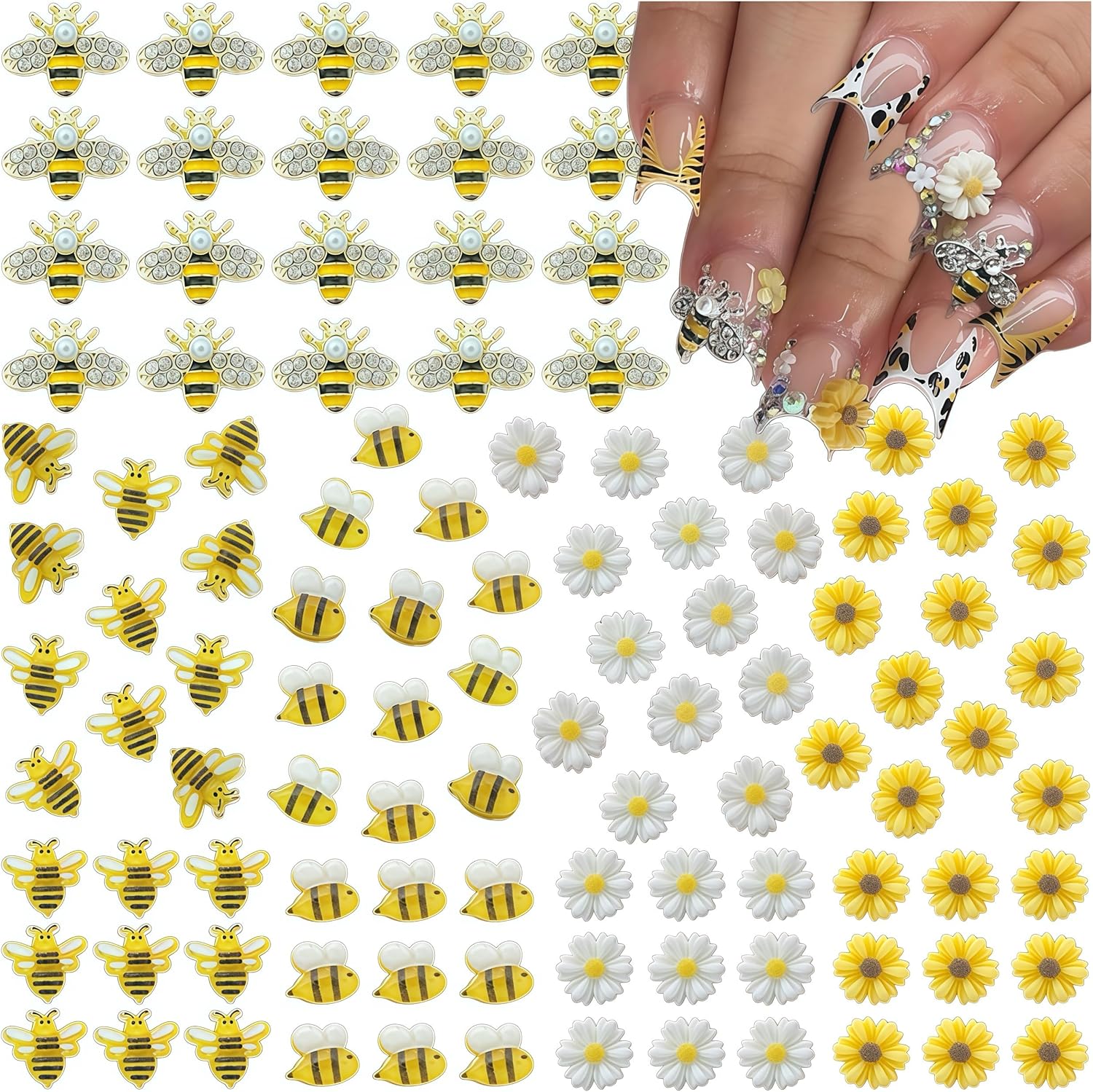 BHCCXZ 100 pieces gold bee and daisy flower nail charms front view