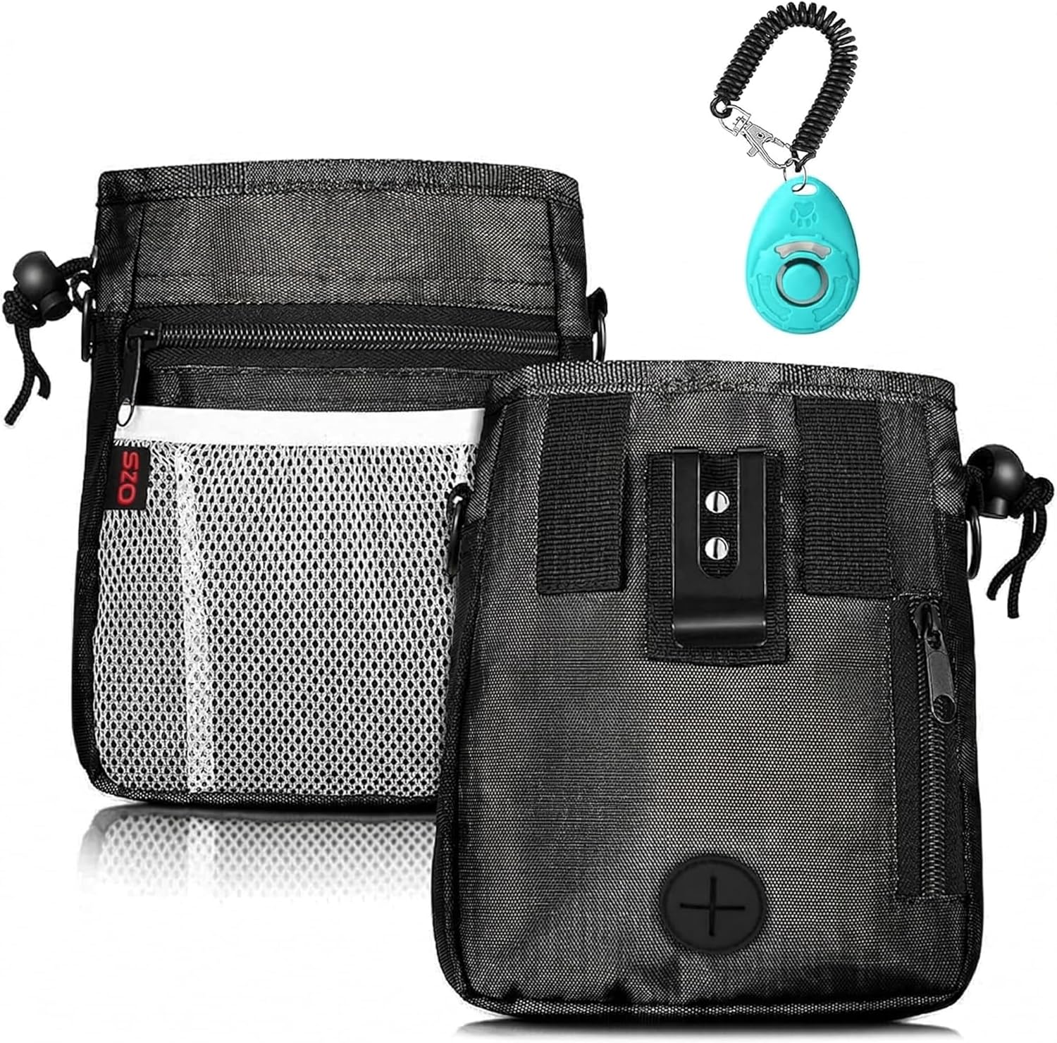 SZO Dog Treat Pouch in black showing the front view with mesh pocket and premium nylon texture.