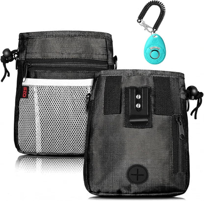 SZO Dog Treat Pouch in black showing the front view with mesh pocket and premium nylon texture.