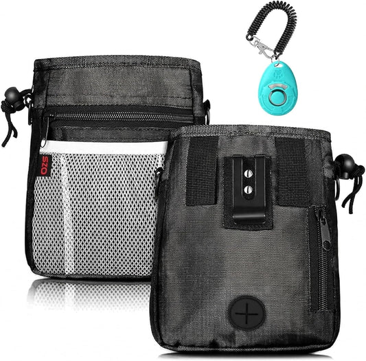 SZO Dog Treat Pouch in black showing the front view with mesh pocket and premium nylon texture.