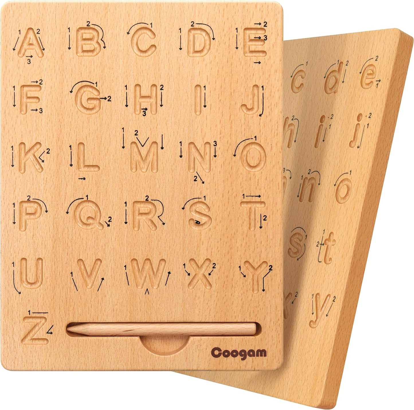 Coogam wooden letters practicing board front view showing uppercase alphabet grooves with stylus