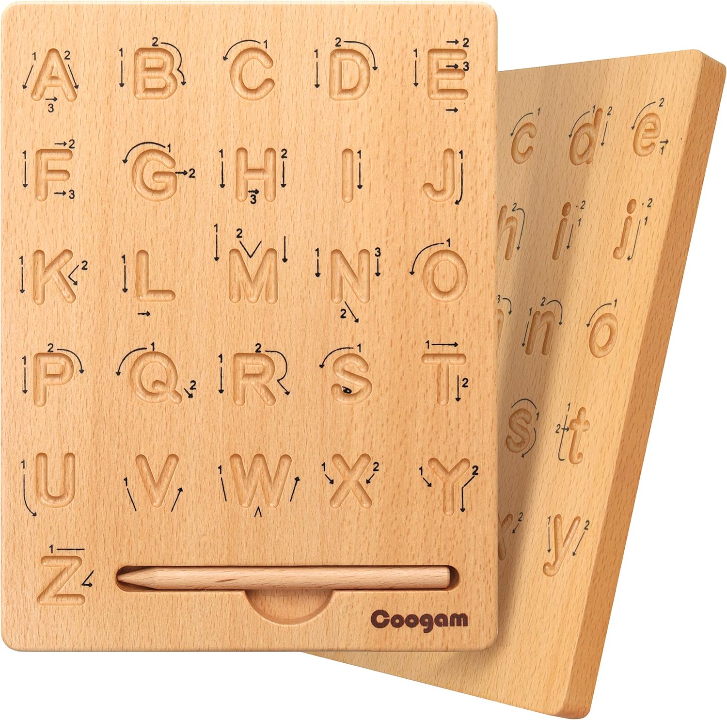 Coogam wooden letters practicing board front view showing uppercase alphabet grooves with stylus