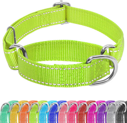 Seyezo martingale dog collar front view in vibrant green color showing reflective striping