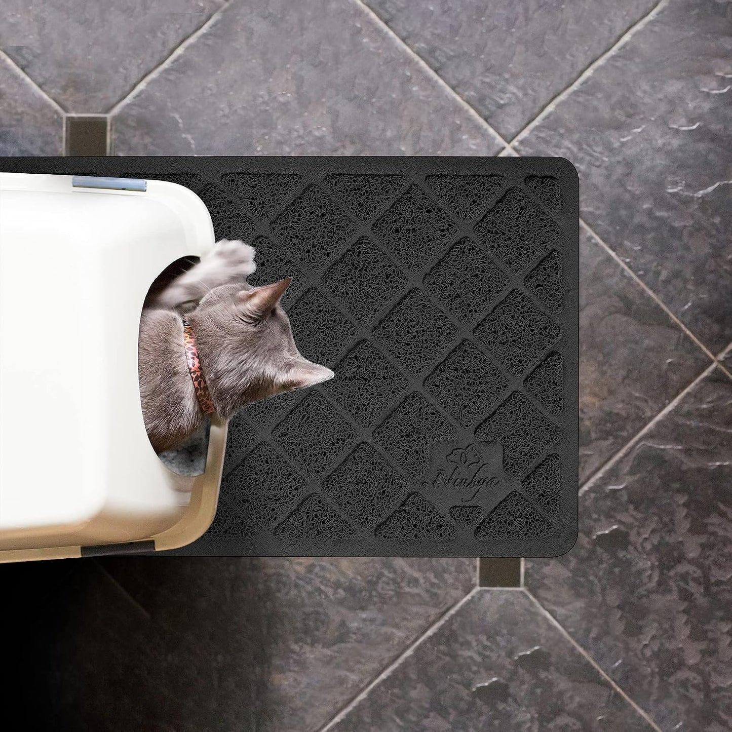 Waterproof cat litter box mat backing preventing spills on wooden floors