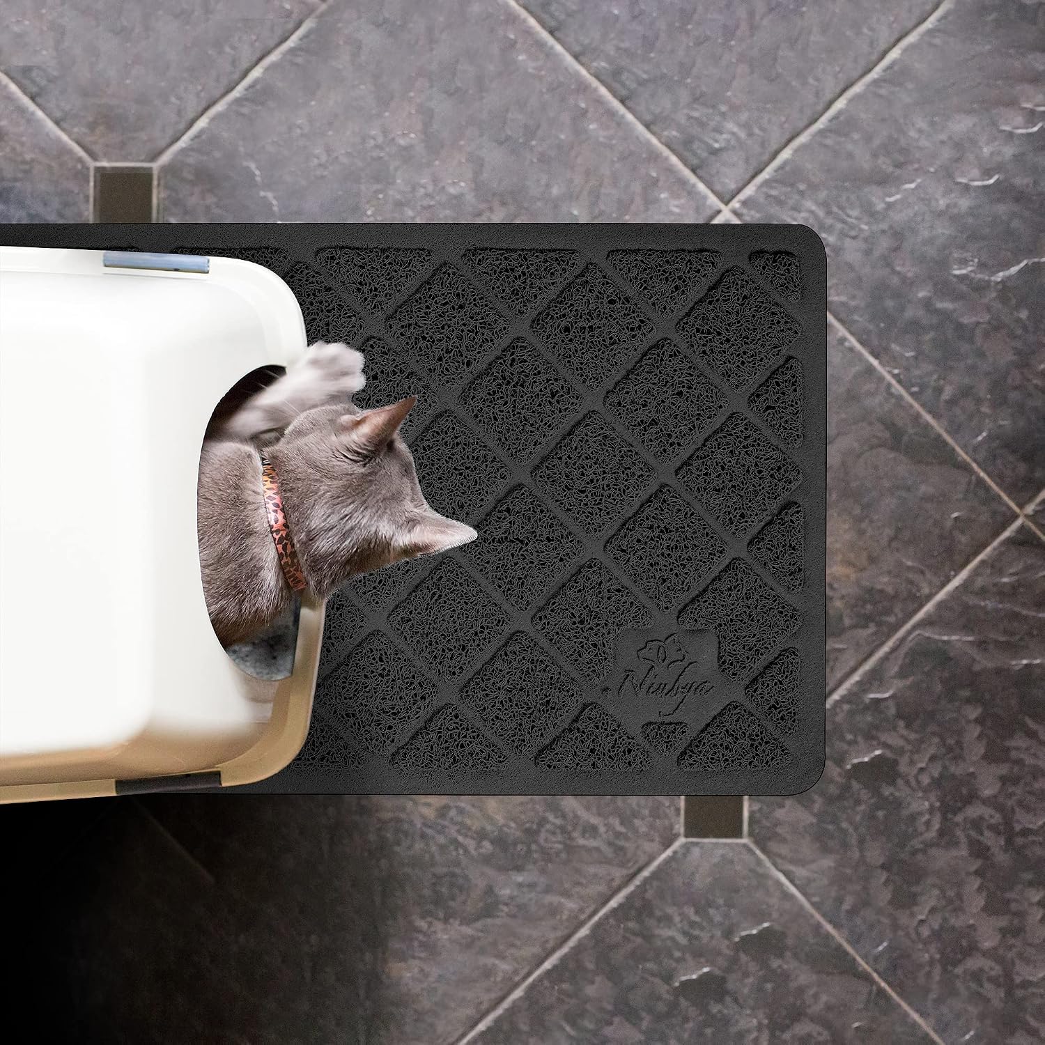 Waterproof cat litter box mat backing preventing spills on wooden floors