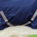 WeatherBeeta medium weight horse blanket showing twin low cross surcingles and adjustable leg straps.