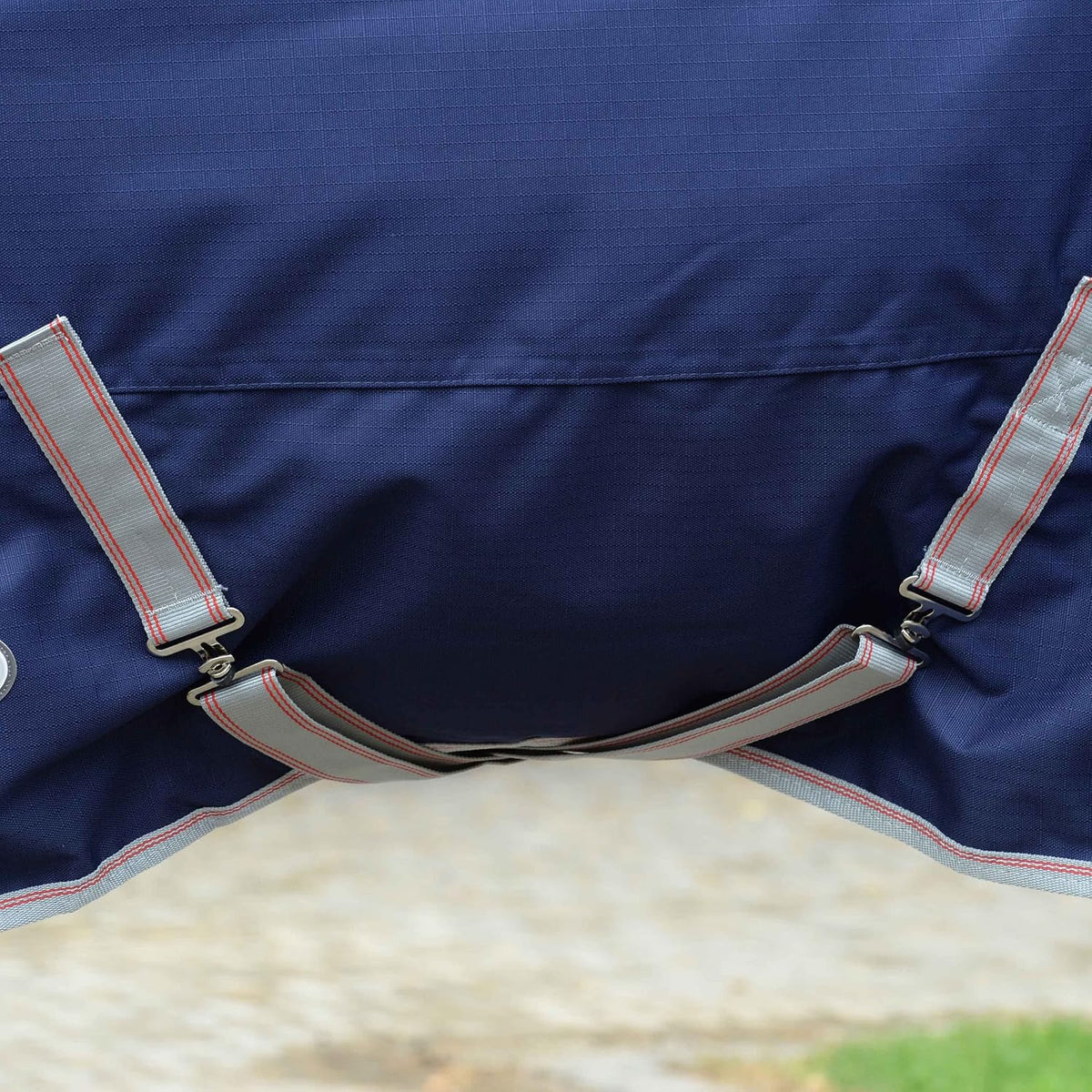 WeatherBeeta medium weight horse blanket showing twin low cross surcingles and adjustable leg straps.