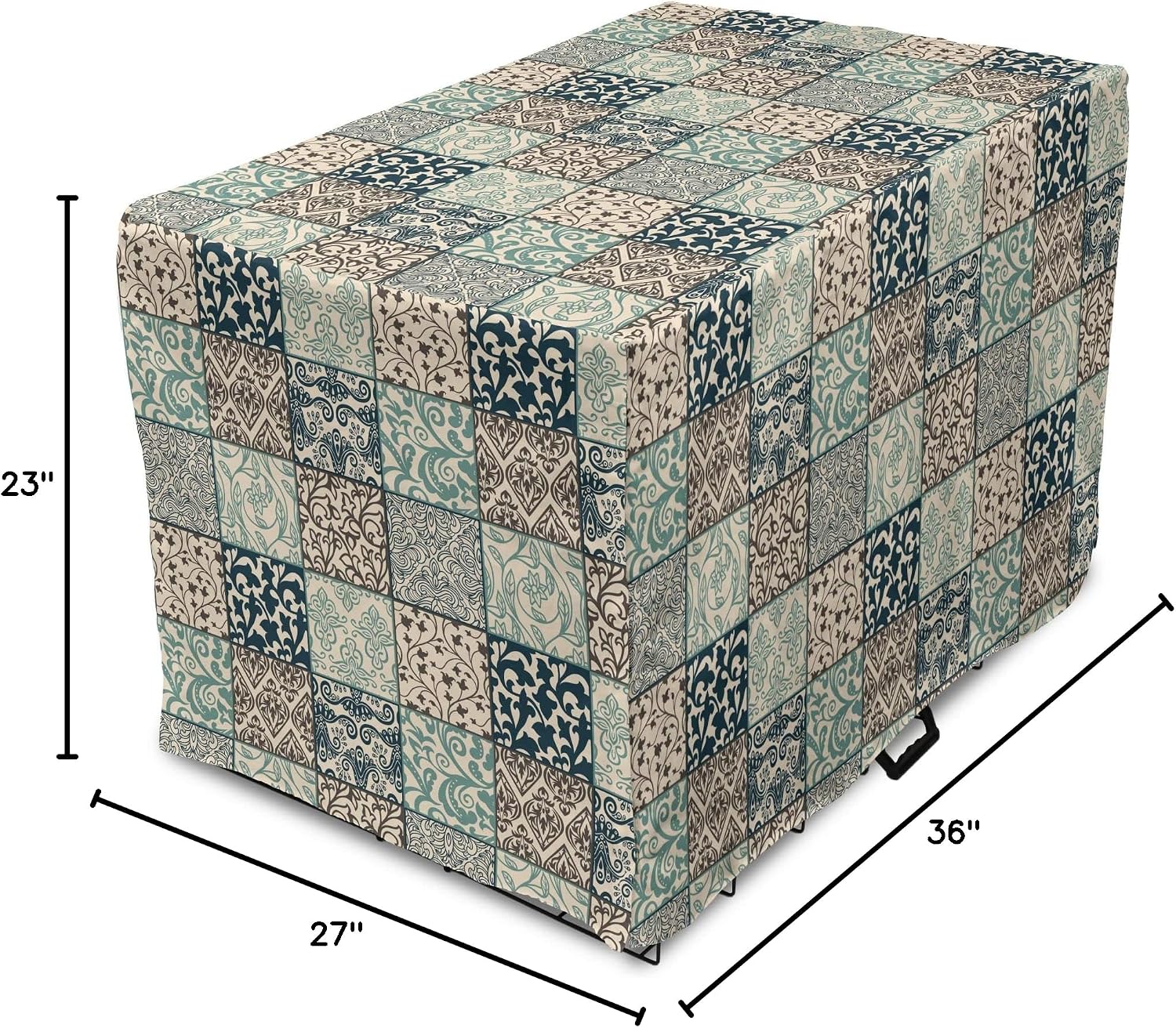 Modern bohemian geometric dog crate cover in an indoor home setting