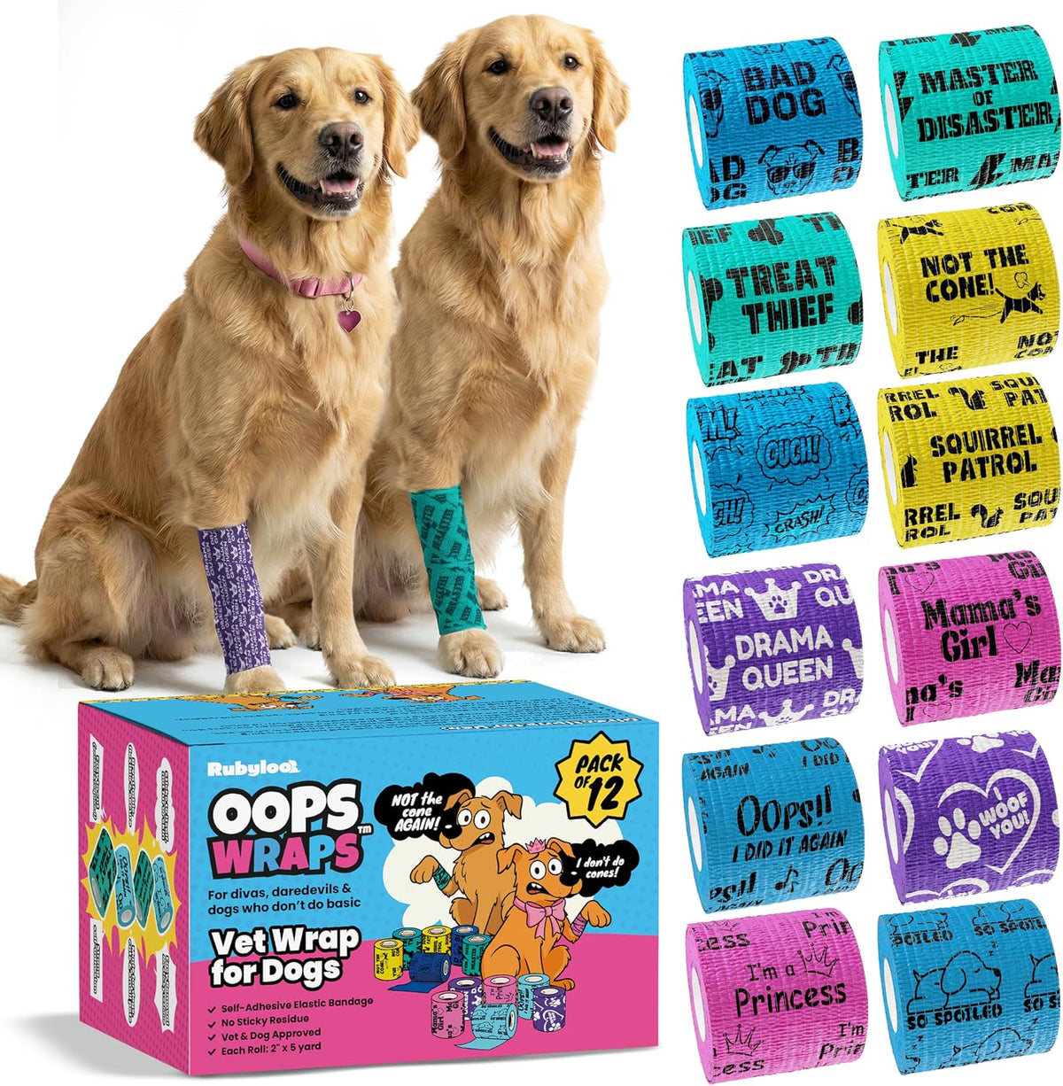Vet Wrap for Dogs - Funny Dog Bandage for Wounds - Girls 6 Pack 2" Self-Adhesive Vet Tape - Breathable Pet Wrap Bandage for Hot Spots & Injuries - Dog First Aid Kit Supplies - Oops Wraps by Rubyloo - Image 9