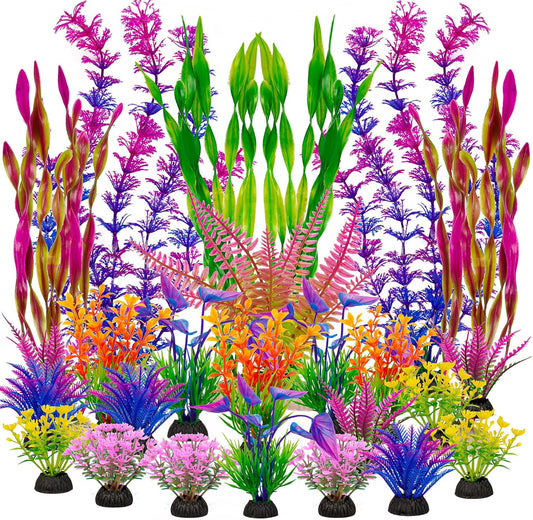 Ameliade 25 piece aquarium plants decorations front view showcasing colorful artificial fish tank accessories.