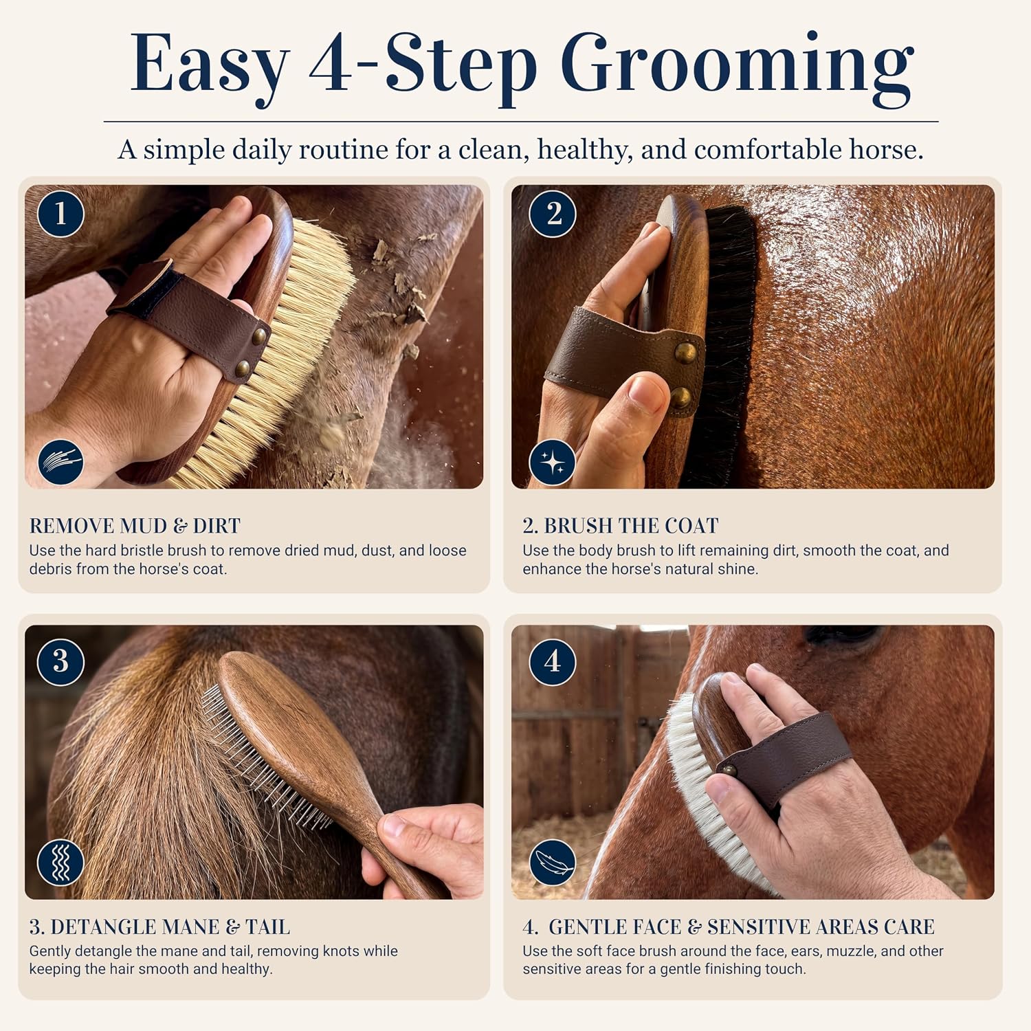 Complete four piece luxury horse brush kit arranged neatly outside the leather bag.
