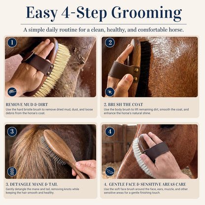 Complete four piece luxury horse brush kit arranged neatly outside the leather bag.