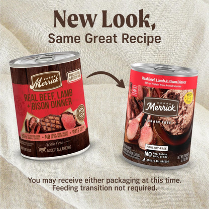 Merrick beef lamb and bison canned dog food product label close up