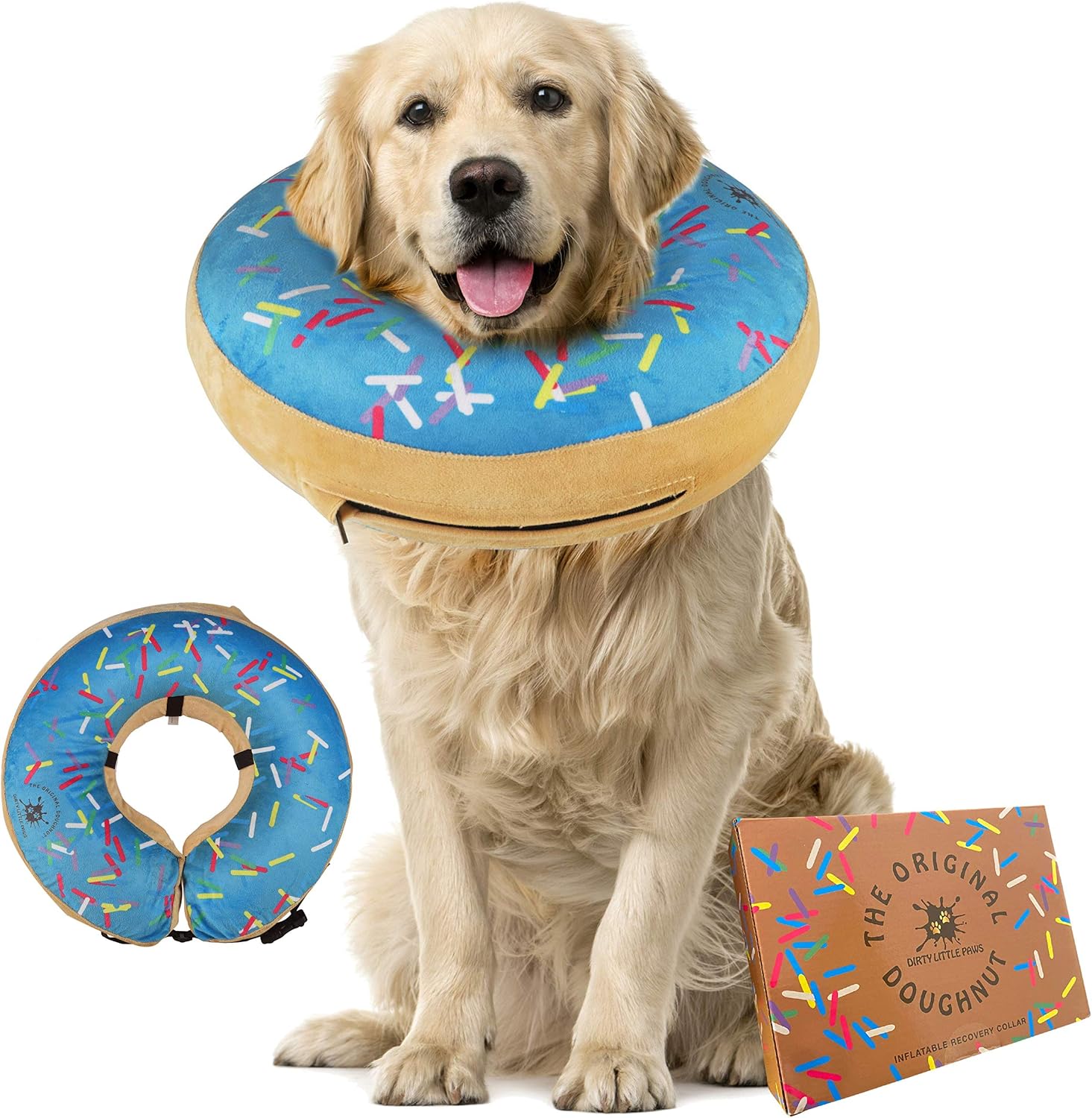 Dirty Little Paws inflatable dog donut collar front view on a golden retriever dog