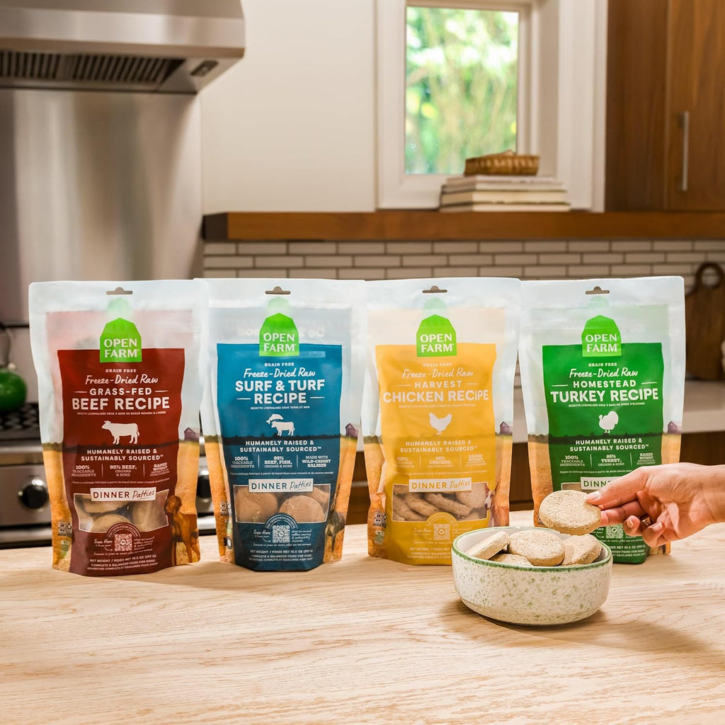 Sustainably sourced raw beef dog food patties from Open Farm brand