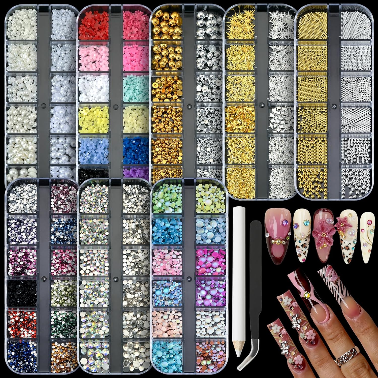 Baoyaalin 3D nail charms and gems 8 boxes kit front view