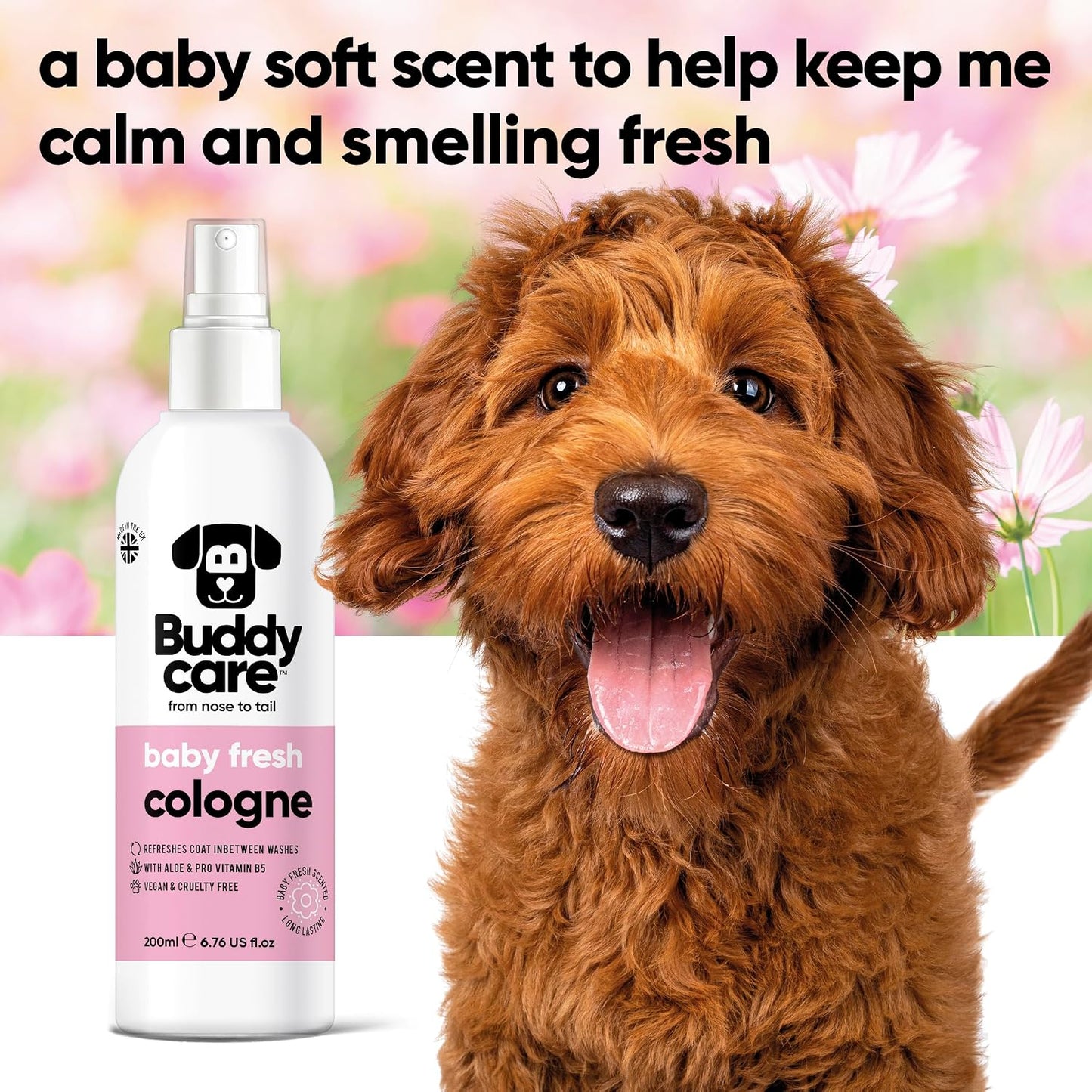 Buddycare baby powder scented dog perfume spray bottle angled view