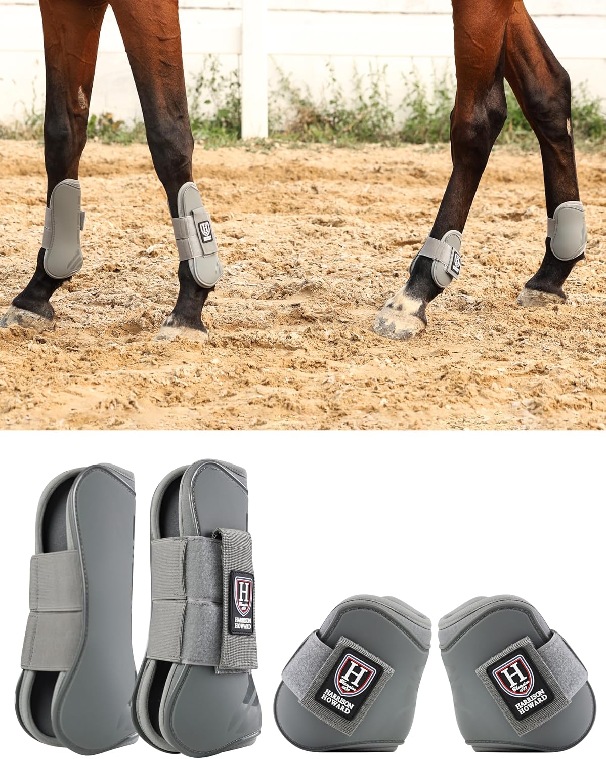 Harrison Howard horse boots set of four showing open front and fetlock guards