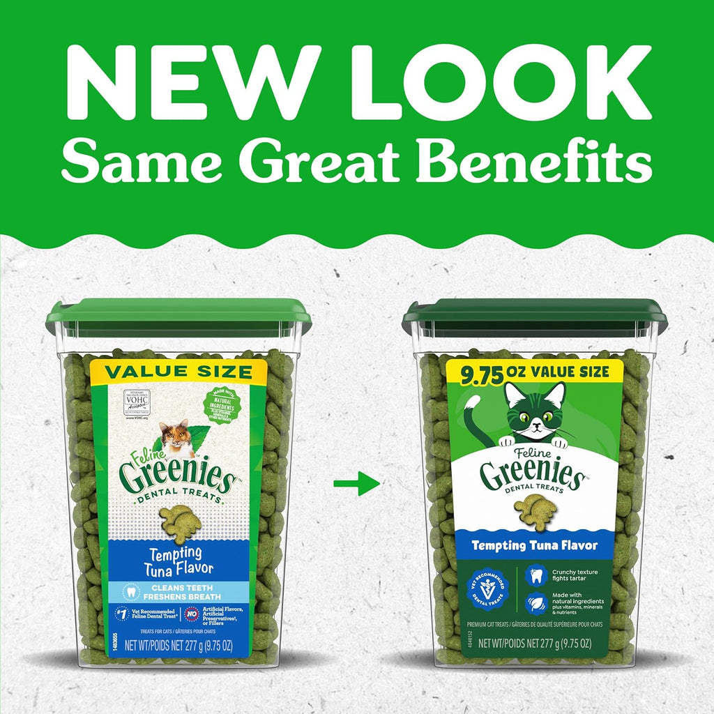 Greenies tempting tuna flavor cat dental treats packaging and label details