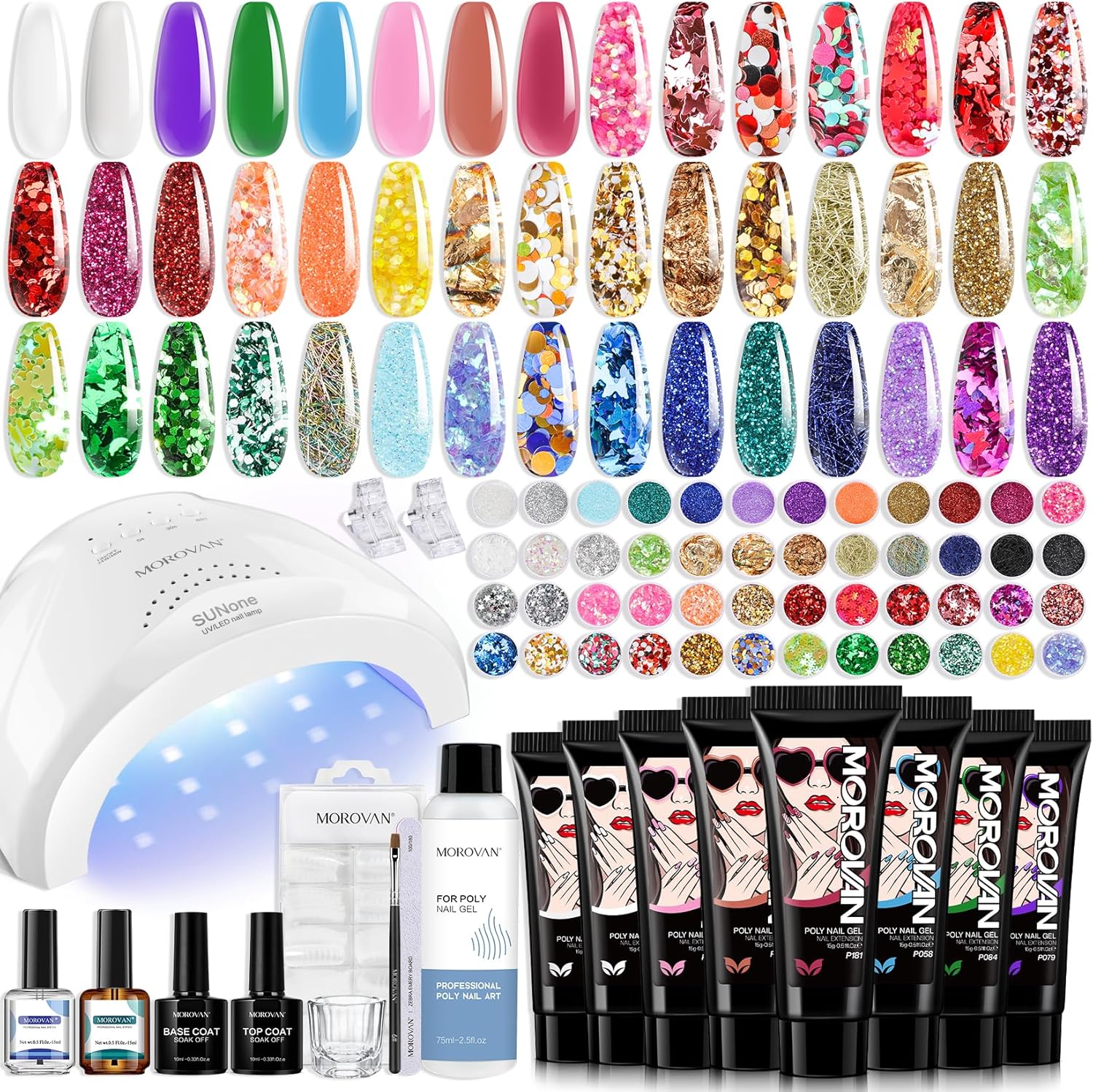 Morovan Poly Gel Nail Kit with 8 colors and LED lamp front view