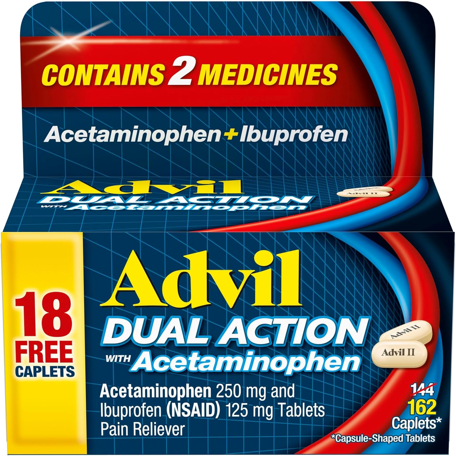 Advil Dual Action Coated Caplets with Acetaminophen, Ibuprofen 125 Mg and Acetaminophen 250Mg, 144 Count, 18 Bonus Caplets - Image 1