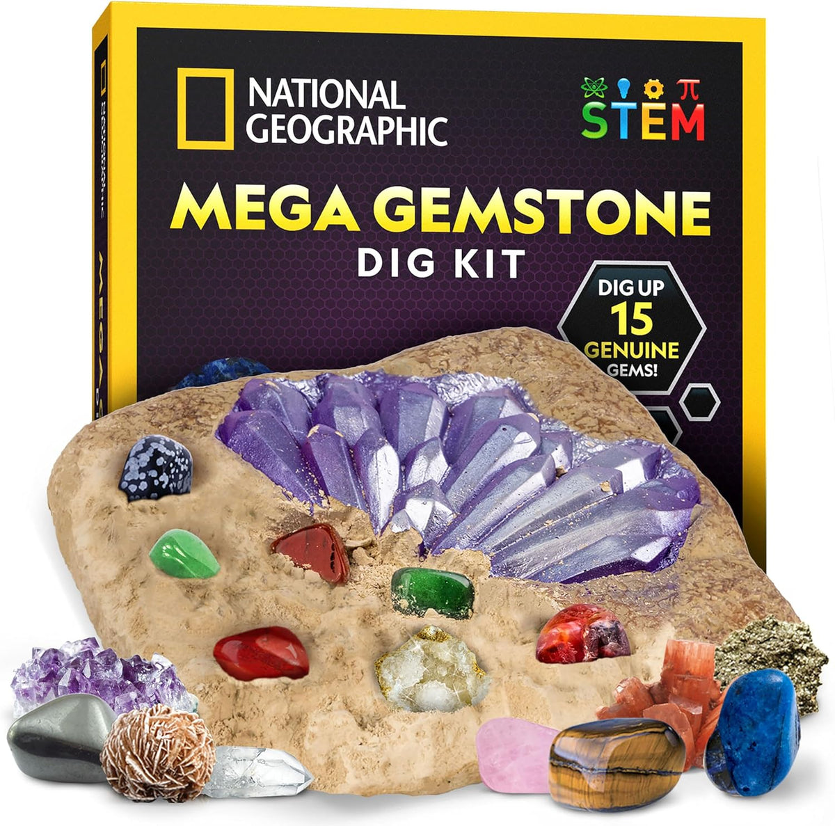 National Geographic Mega Gemstone Dig Kit front view of the educational packaging box showing excavated crystals.