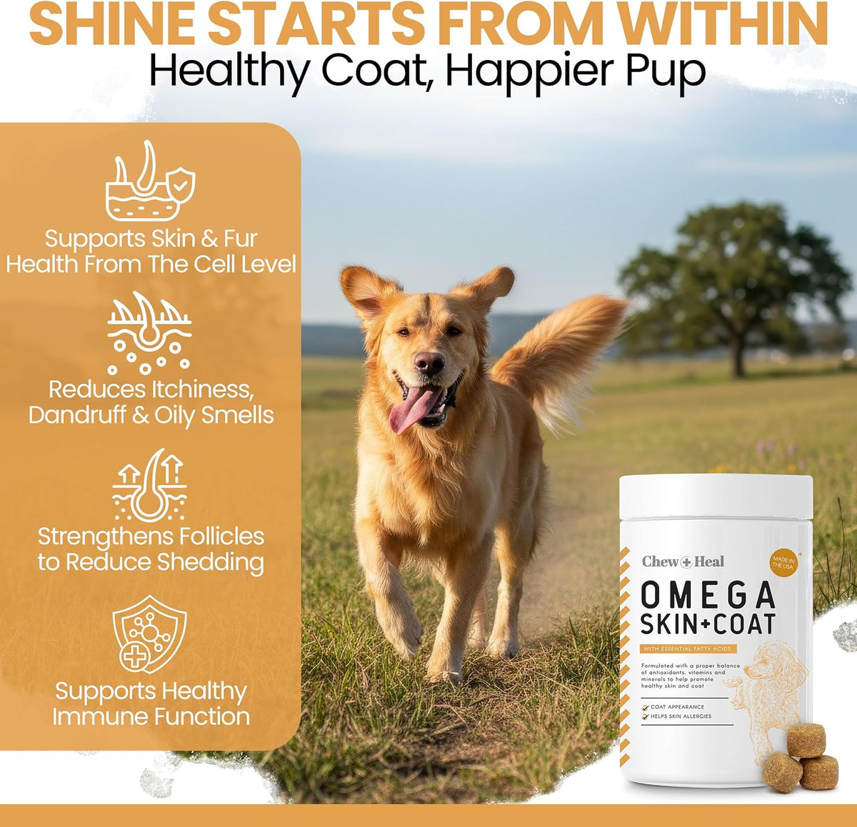 Chew and Heal skin and coat dog supplement showing ingredients list and feeding guide