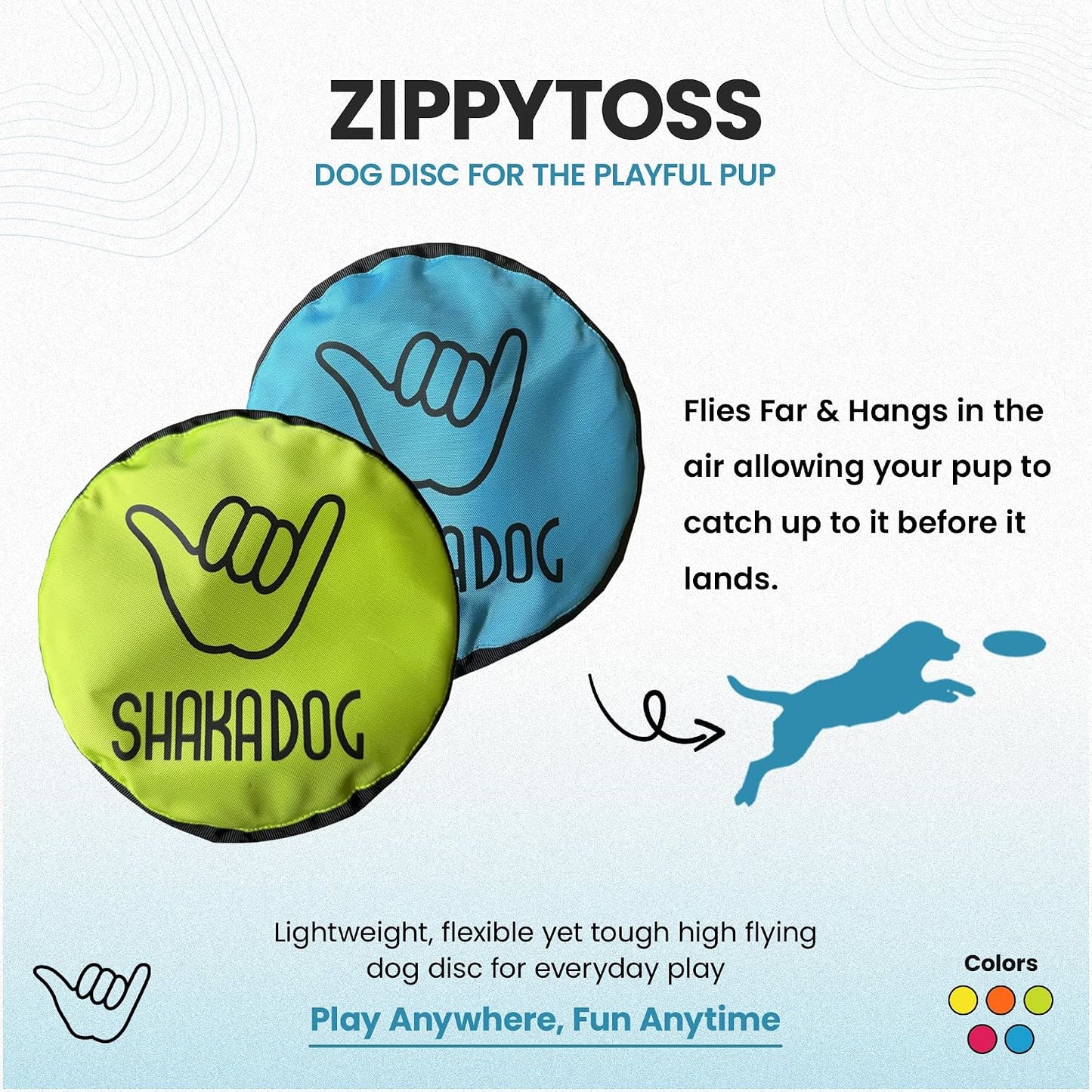 Five pack of colorful Shaka ZippyToss flying discs for dogs