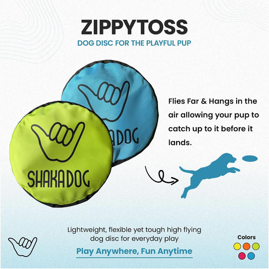 Five pack of colorful Shaka ZippyToss flying discs for dogs
