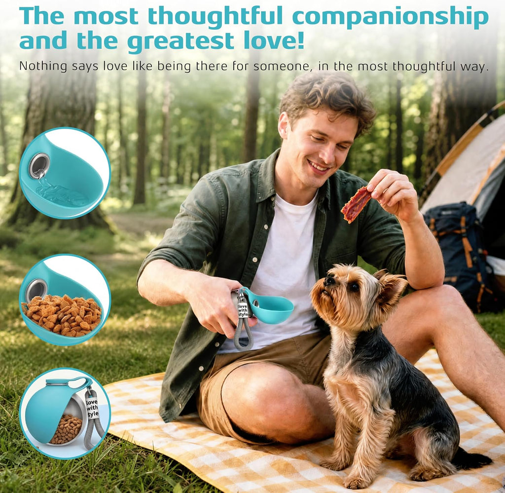 KLINNA blue travel pet water bottle with folded silicone bowl