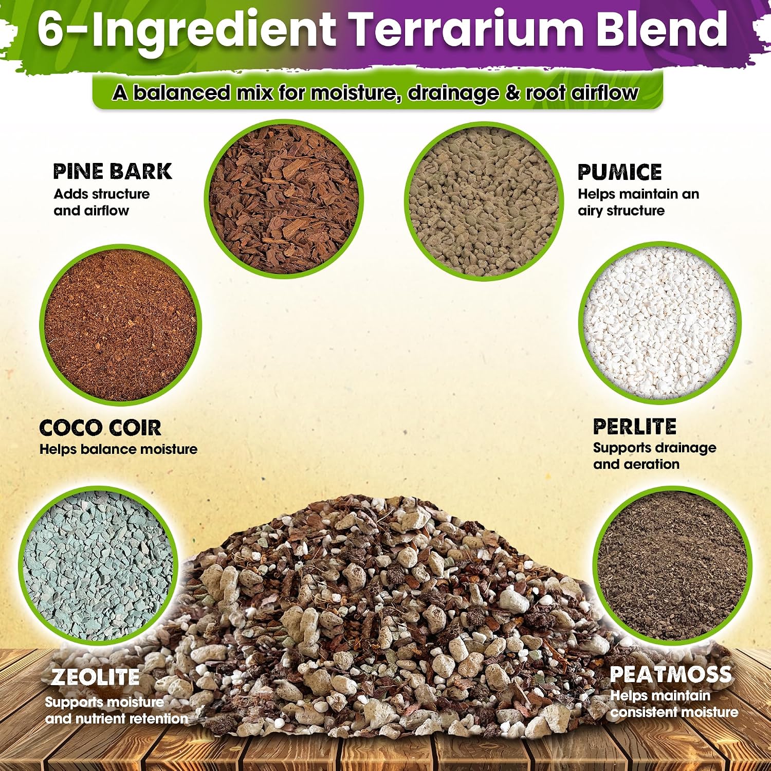 Close up view of the pre mixed premium terrarium substrate showcasing the balanced blend of coco coir and mineral components