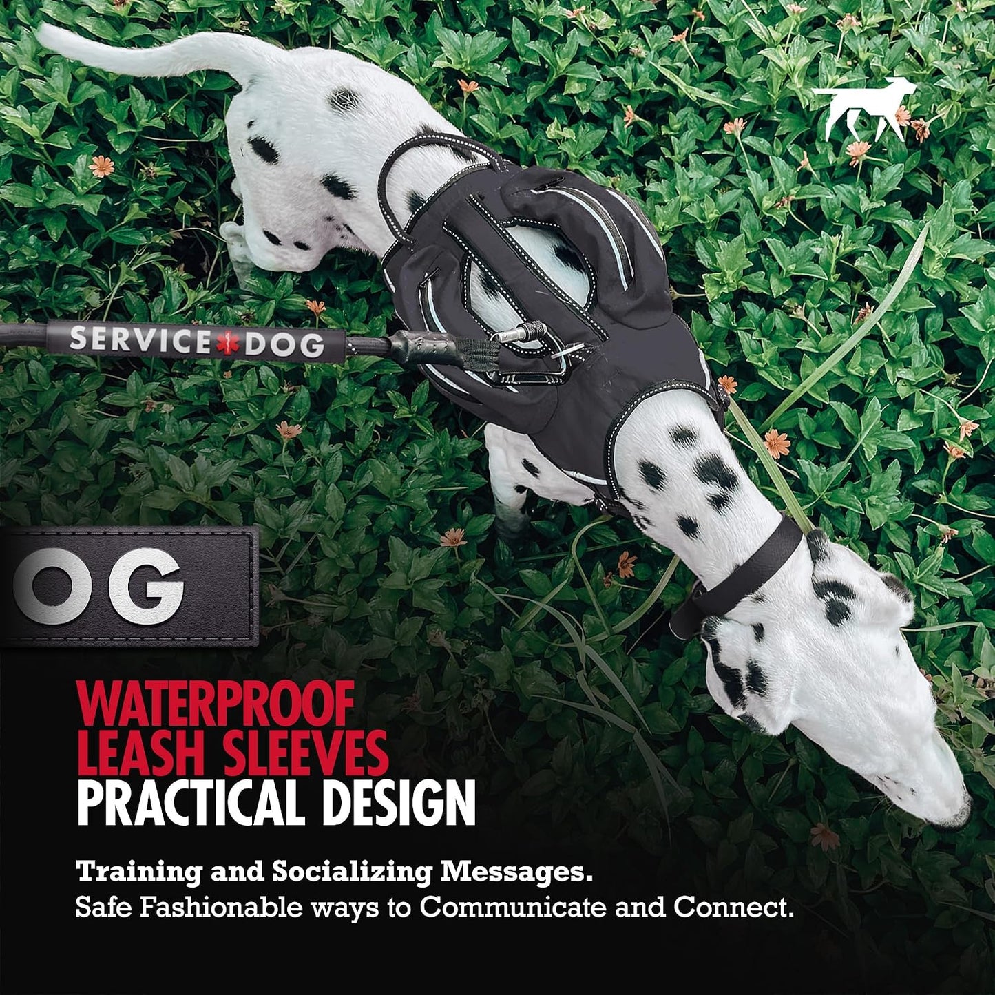 Dual sided service dog identifier sleeve showcasing highly visible bold lettering.
