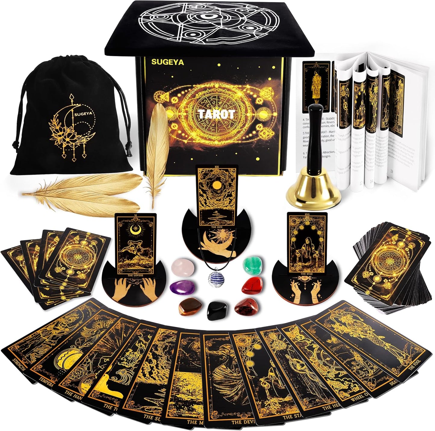 Sugeya 78 Tarot Cards with Guide Book front view of the black deck and gift box