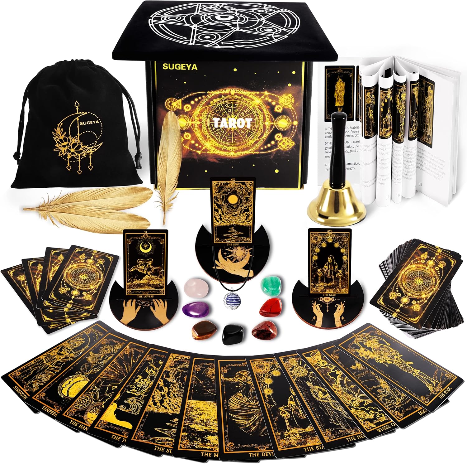 Sugeya 78 Tarot Cards with Guide Book front view of the black deck and gift box