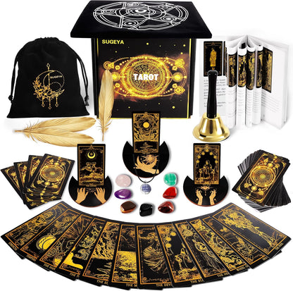 Sugeya 78 Tarot Cards with Guide Book front view of the black deck and gift box