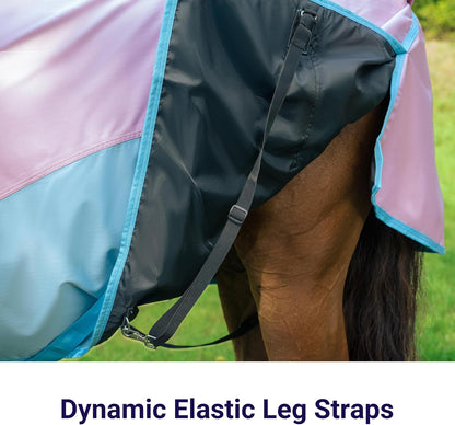 Underbelly view highlighting the crossed surcingles and adjustable elastic leg straps
