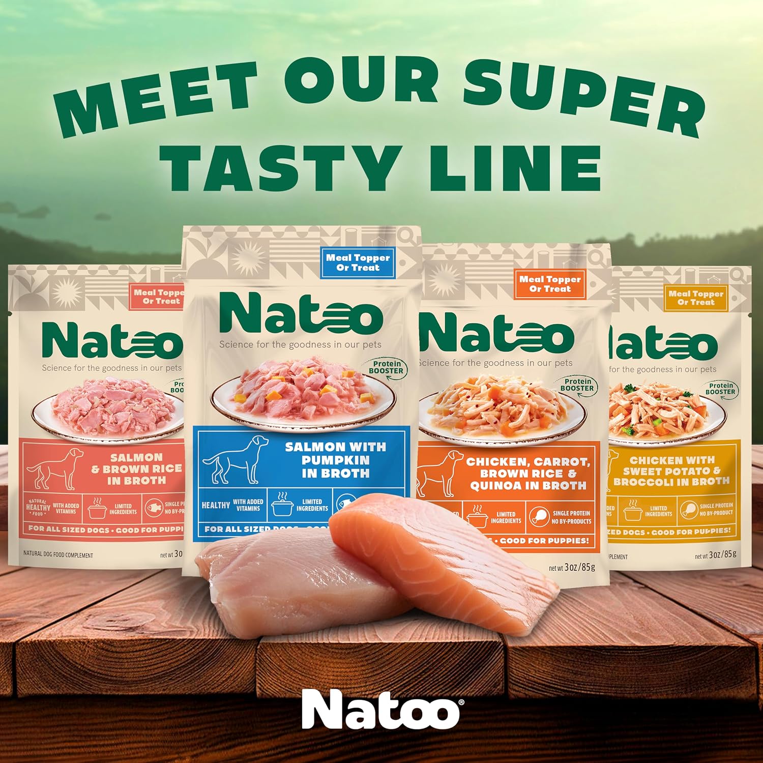 Three ounce pouch of NATOO premium wet meal topper for puppies and adult dogs.