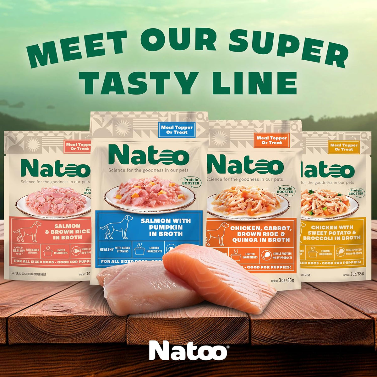Three ounce pouch of NATOO premium wet meal topper for puppies and adult dogs.