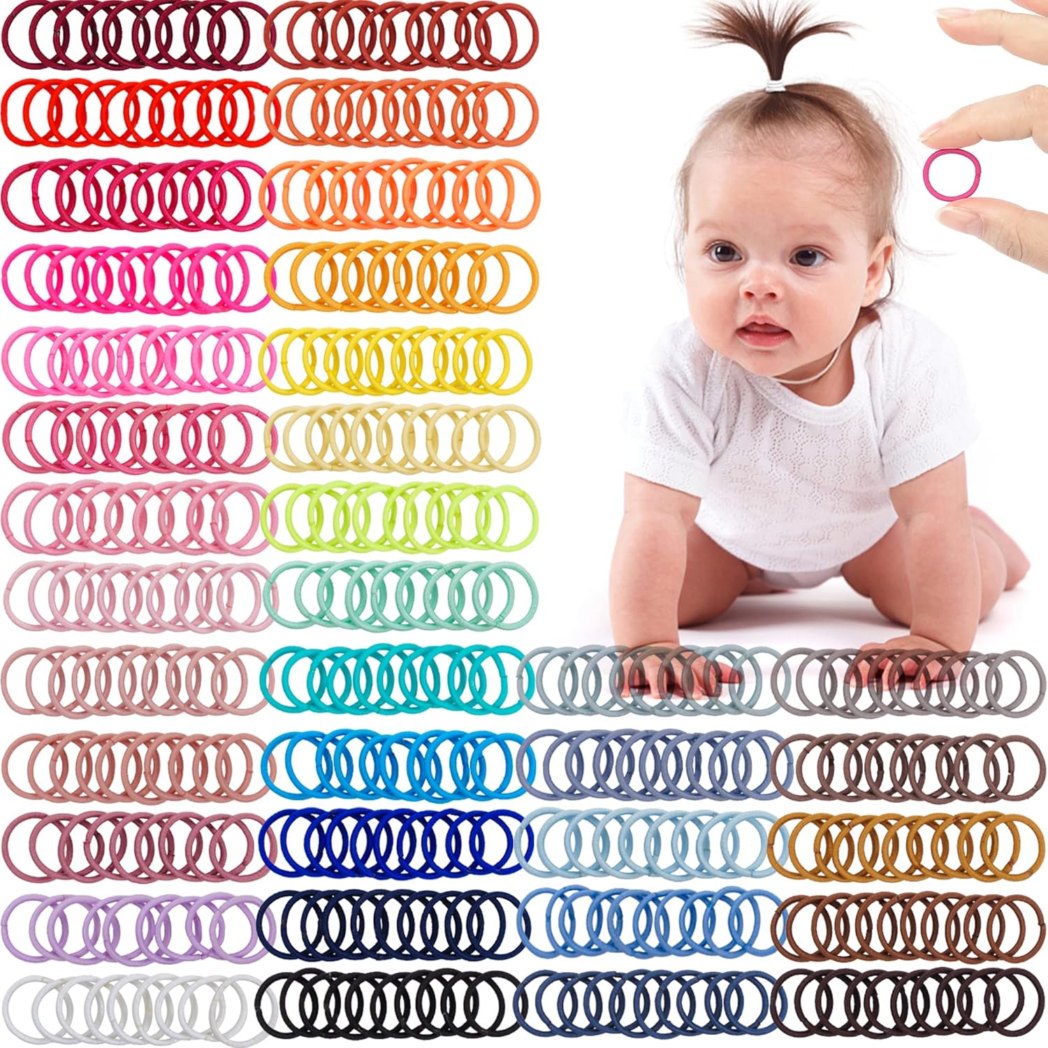 CÃ‰LLOT baby hair ties front view showcasing thirty-six distinct vibrant colors of elastic bands arranged neatly.