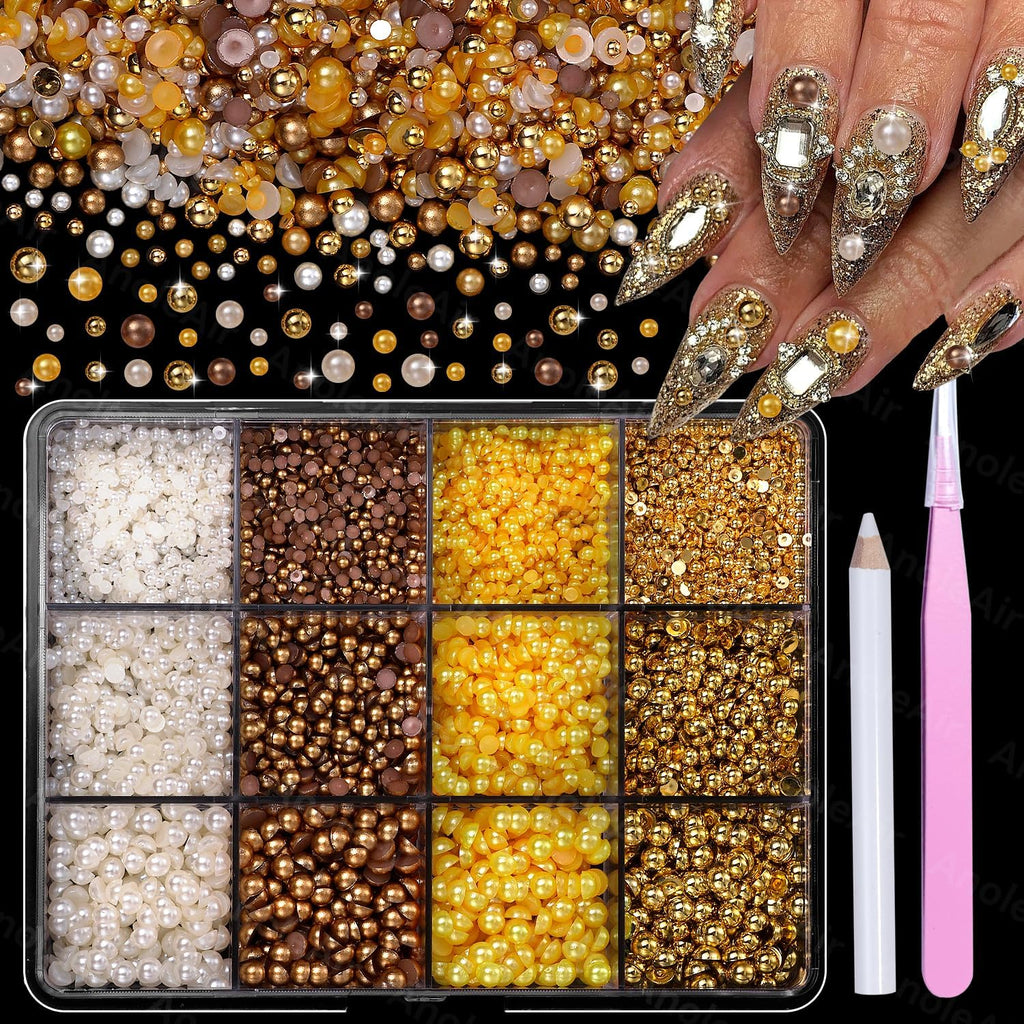 Vhbie gold white and yellow pearls 3D nail charms front view organizer box