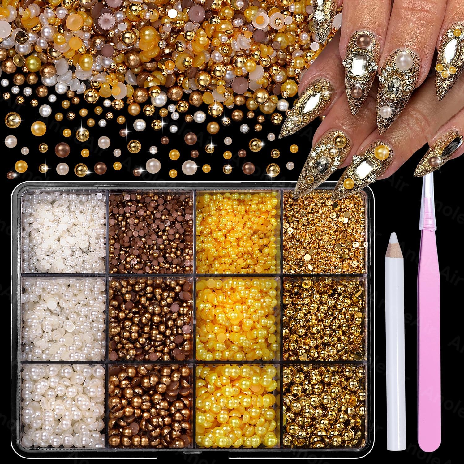 Vhbie Enterprises gold and white pearl nail charms front view