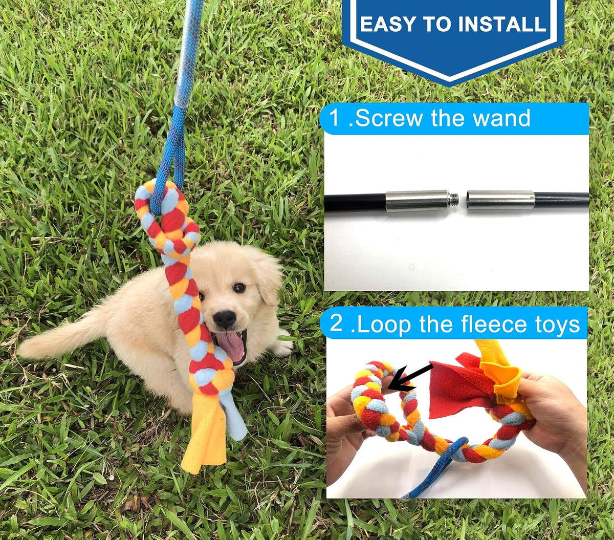 Dewonch 35 inch dog flirt pole packaging and contents for outdoor training