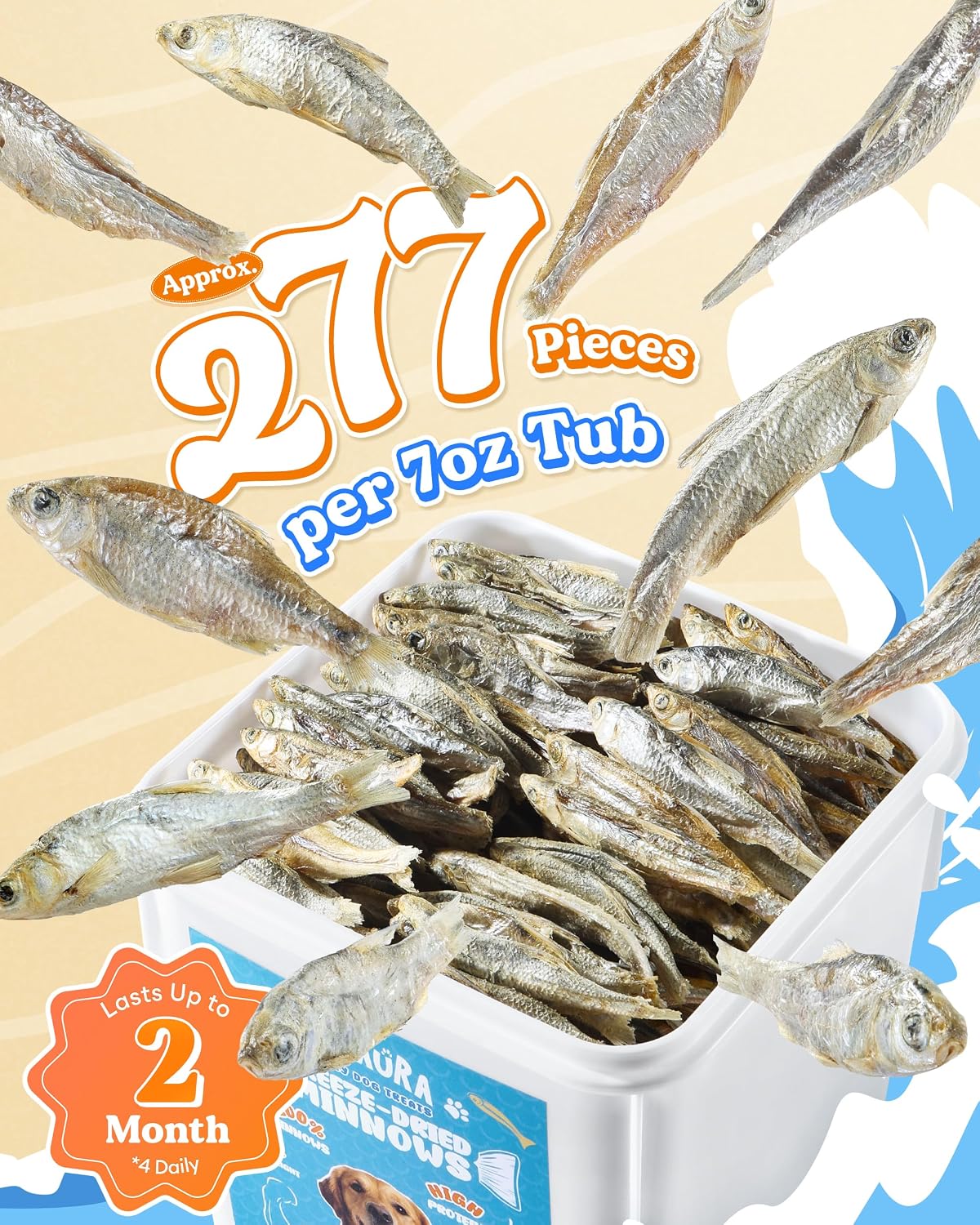 Pawaura freeze dried whole fish treats poured out showcasing the natural wild-caught minnows for training rewards.