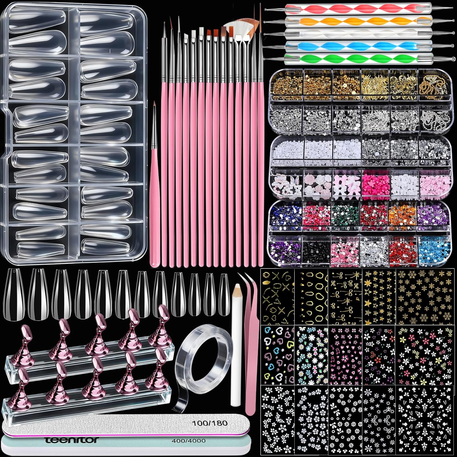 Teenitor acrylic nail kit featuring clear coffin tips and art supplies