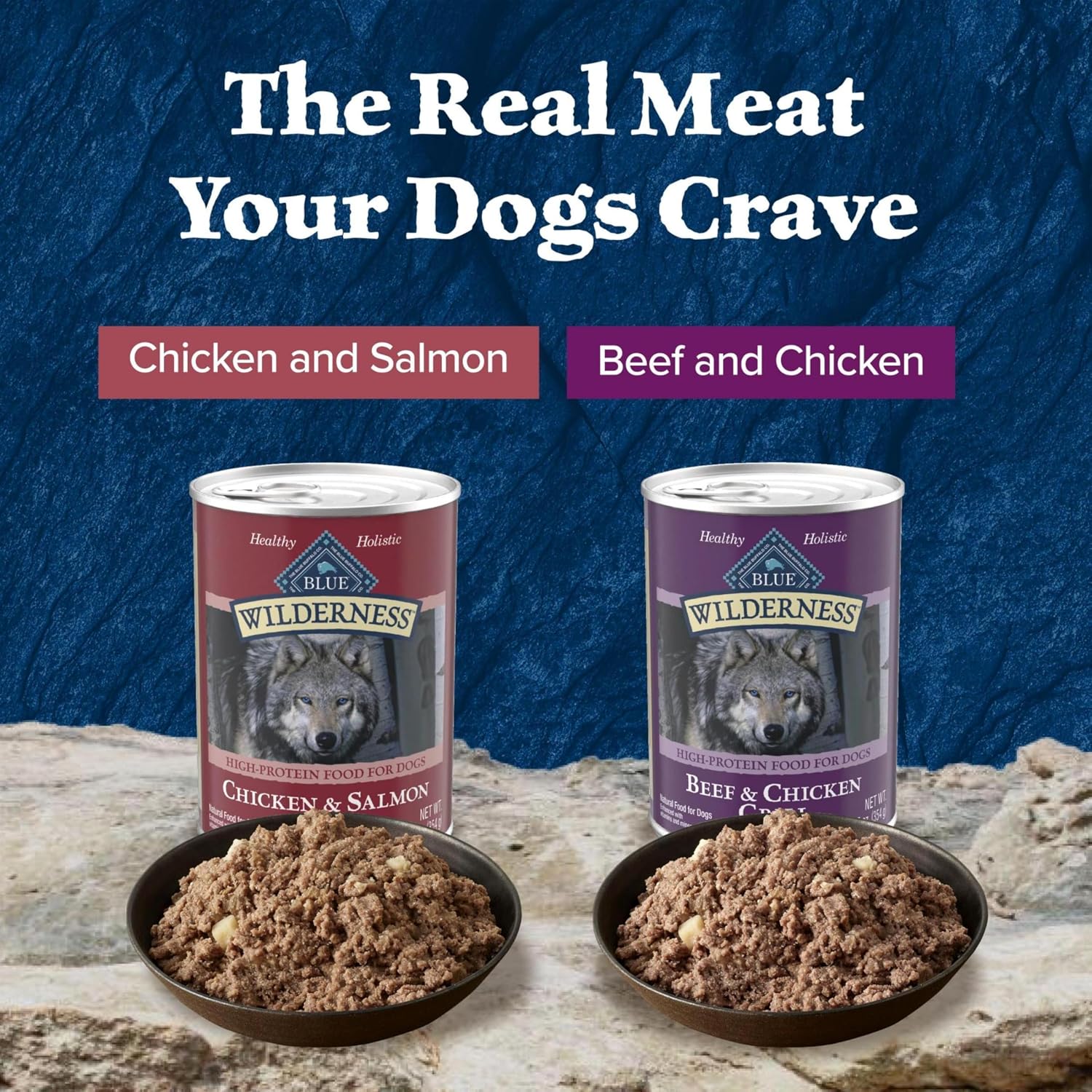 Blue Buffalo Chicken and Salmon Grill high protein dog food canned pate display.