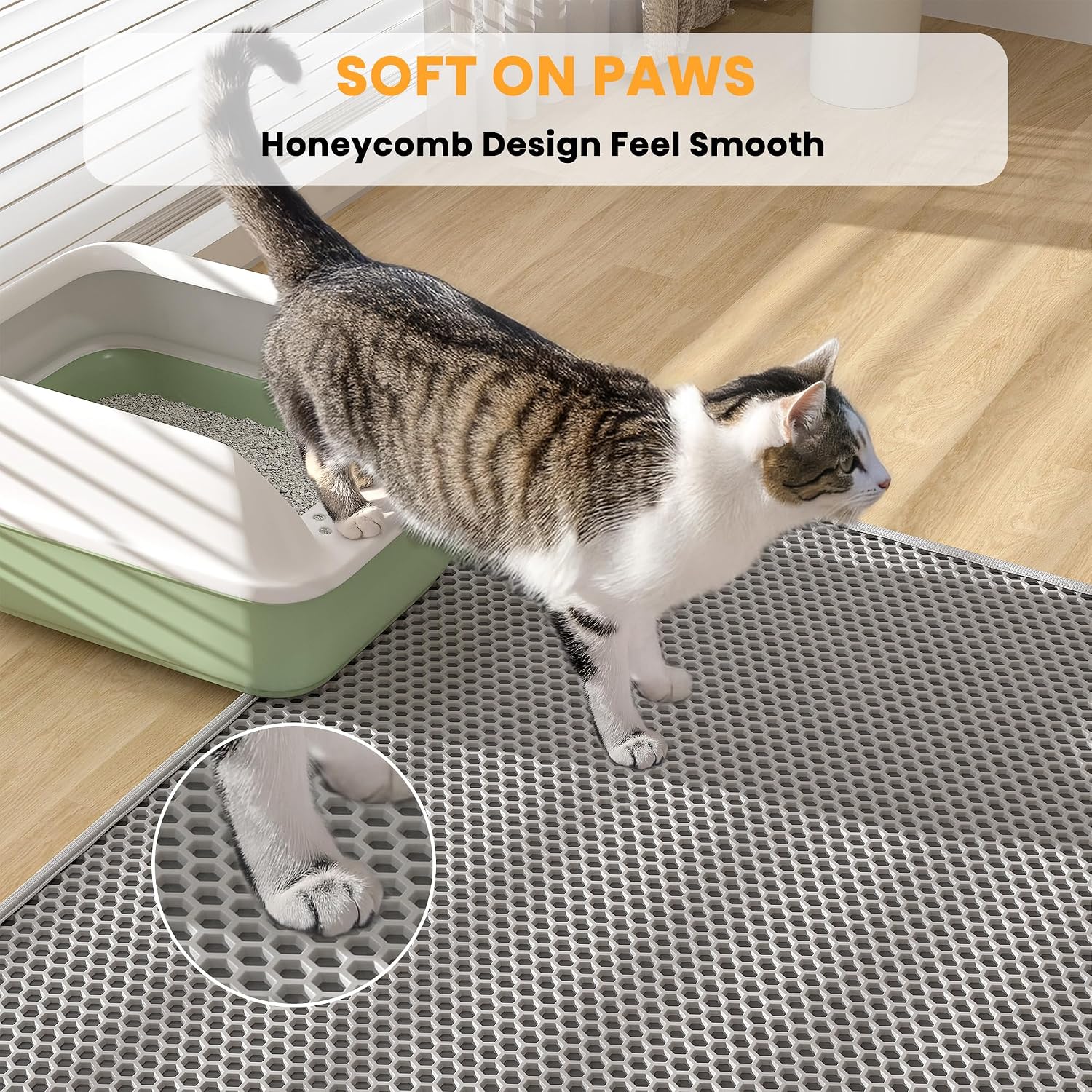 Two pack setup of the Pieviev gray cat litter mats placed under hooded and automatic litter stations.