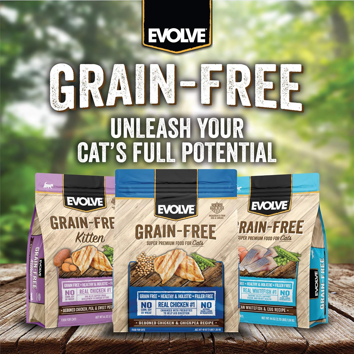 Top view of Evolve premium imported cat food bag